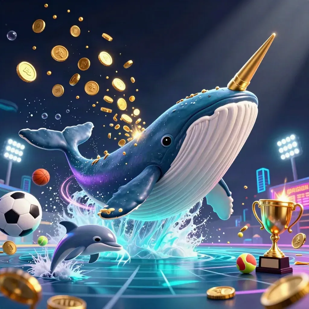 Whale captain, narwhal, and dolphins burst through coins under neon casino lights.