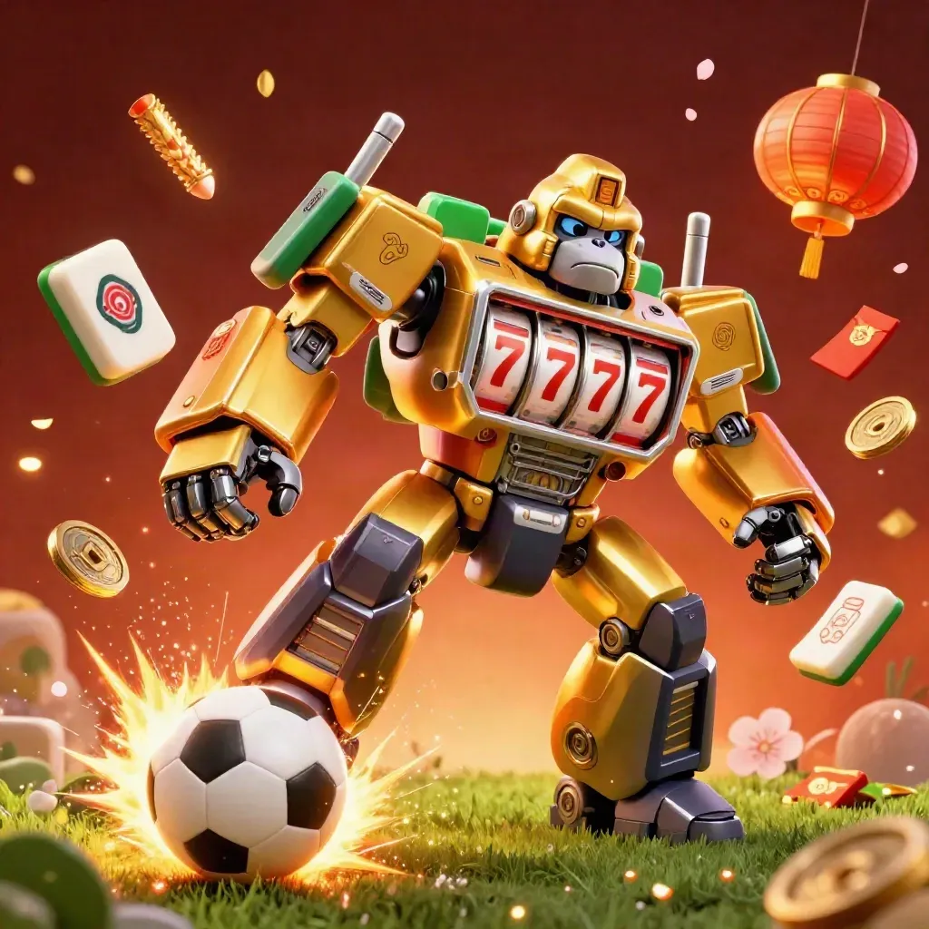 Golden gorilla mech and monkey pilot amid soccer, basketball, lanterns, coins, and casino glow