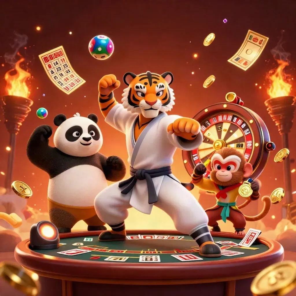Tiger, panda, and monkey casino heroes amid spinning prize wheels, cards, embers, and gold