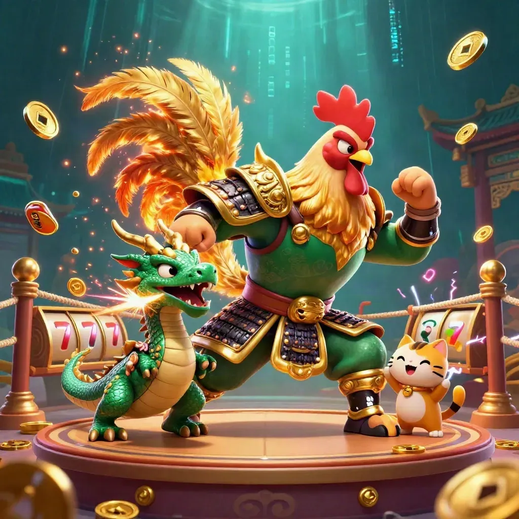 Rooster warrior, dragon hatchling, and fortune-cat erupt in casino action with coins, sparks, and neon green glow.