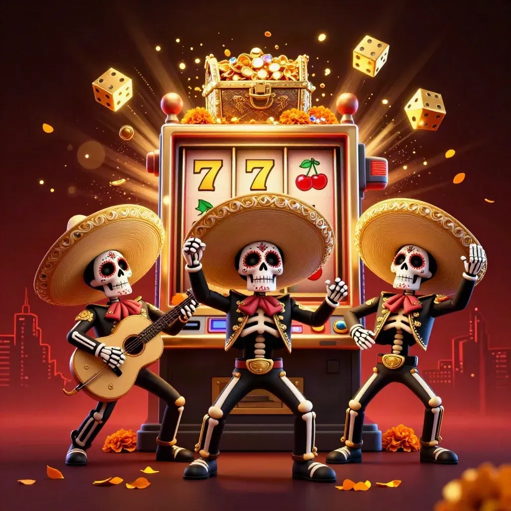 Skeleton mariachi trio amid exploding slot machine, gold coins, gems, and emerald glow.