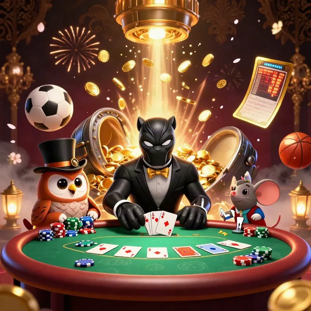 Panther dealer, owl and mouse amid coin blast, roulette table, chips, fireworks, dark luxe casino glow.