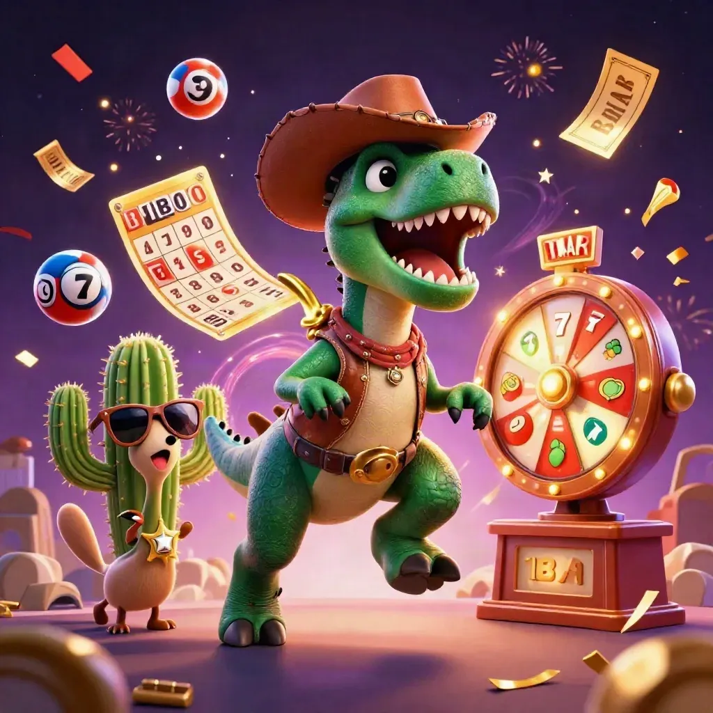 Cowboy T-Rex, cactus and roadrunner amid casino bursts in emerald and gold.